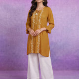 Mustard  Floral Embroidered Straight Kurti