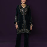Paro Green Resham Embroidred Velvet Long Co-ord Set