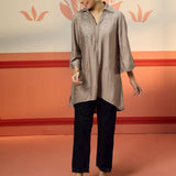 Niya Oak Brown Embroidered Cotton Linen Slub Long Top for Women