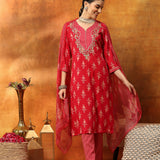 Viscose Rayon Ethnic Printed Kurta Trouser Dupatta Set
