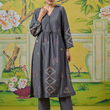 Zoya Mouse Gery Embroidered Panelled A-Line Kurta Set