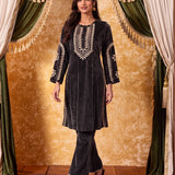 Kavya Mouse Grey Embroidered Velvet Kurta Set