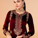 Shreya Red Embroidered Velvet Suit Set