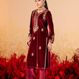 Shreya Red Embroidered Velvet Suit Set