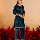 Varnika Emerald Green Embroidered Velvet Kurta Set