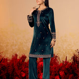 Varnika Emerald Green Embroidered Velvet Kurta Set
