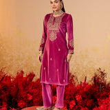 Nandita Berry Fuchsia Embroidered Velvet Suit Set
