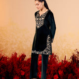 Kavisha Bottle Green Embroidered Velvet Kurta Set
