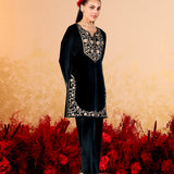 Kavisha Bottle Green Embroidered Velvet Kurta Set