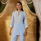 Ahaana Snow Blue Lucknowi Embroidered Co-ord Set