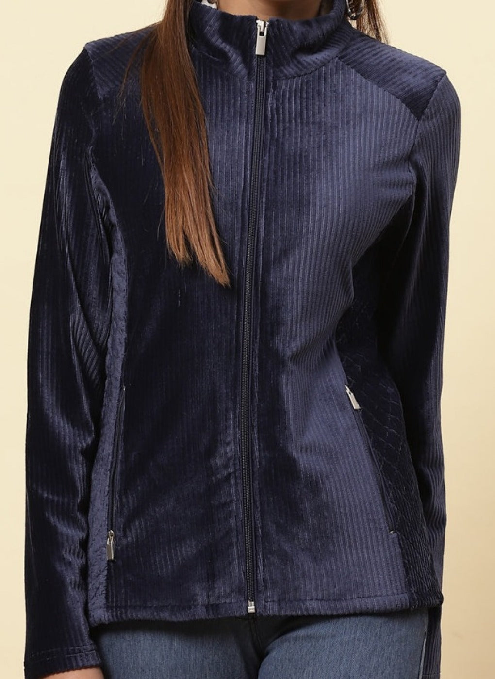 Midnight Blue Velvet Zipper Jacket