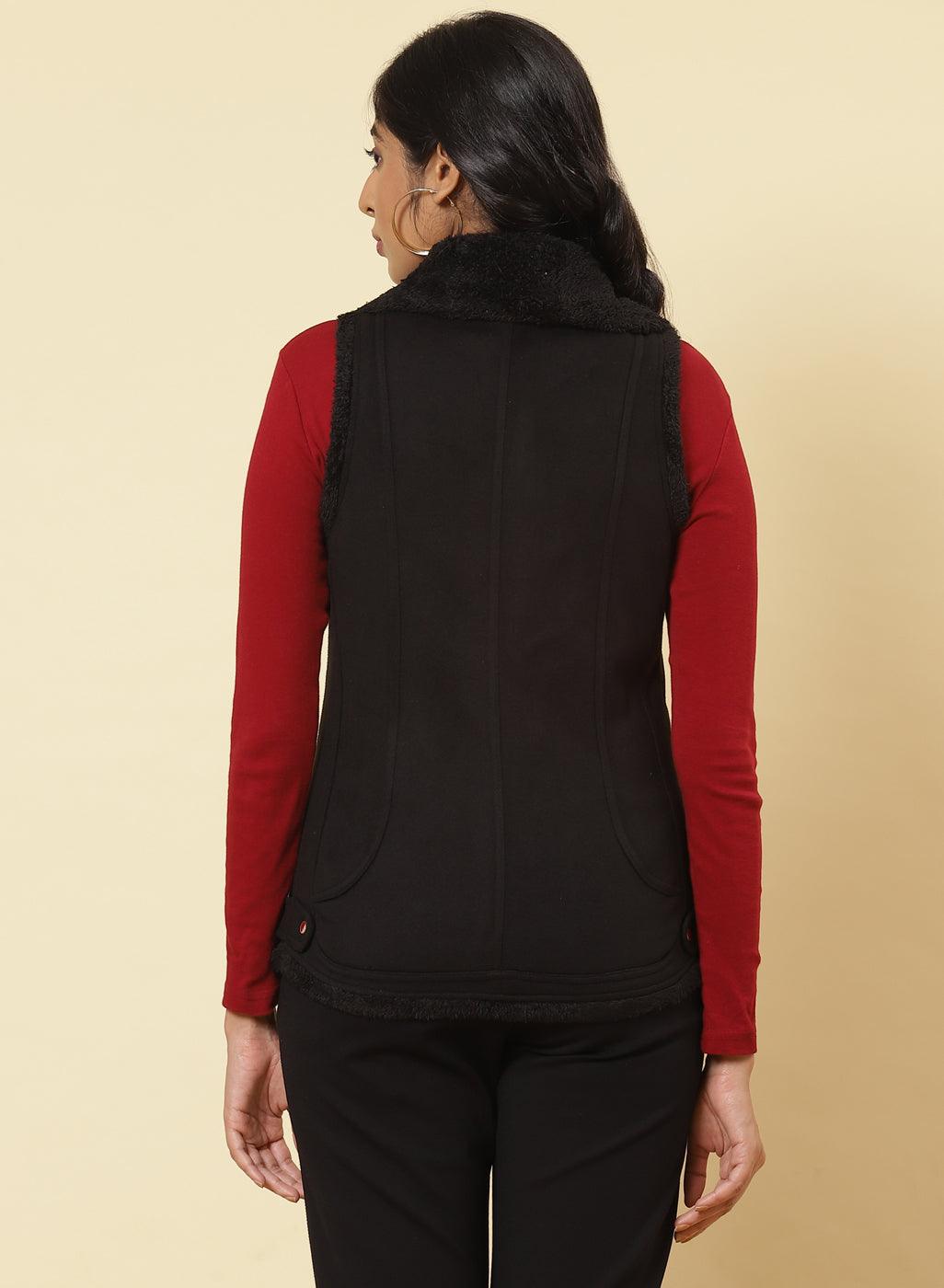 Charcoal Black Fleece Zipper Jacket - Lakshita