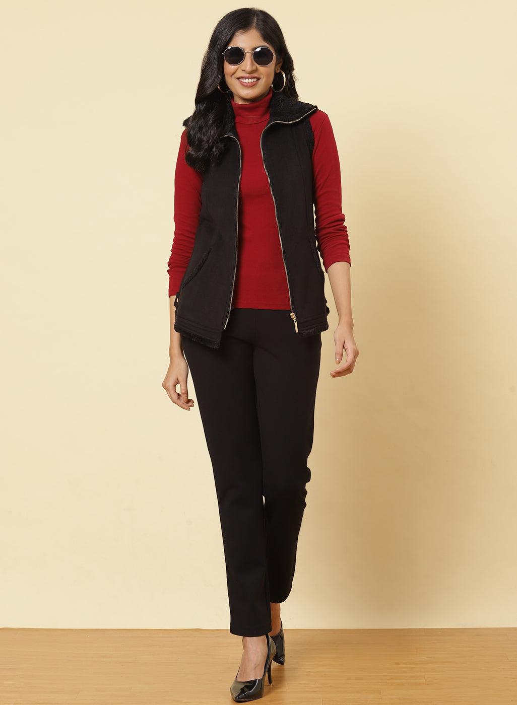 Charcoal Black Fleece Zipper Jacket - Lakshita