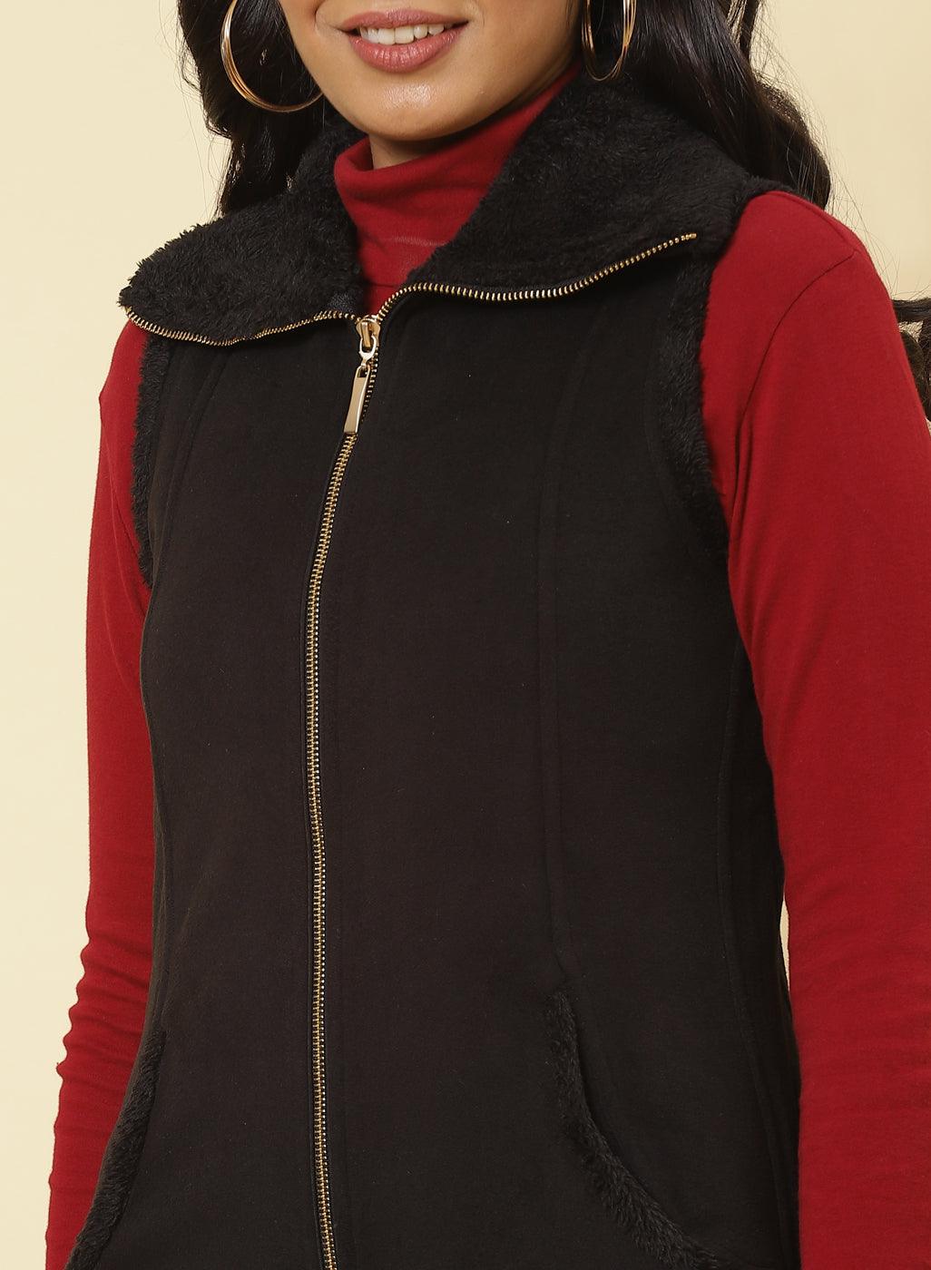 Charcoal Black Fleece Zipper Jacket - Lakshita