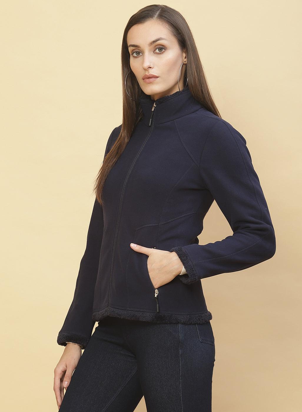 Midnight Blue Fleece Zipper Jacket - Lakshita