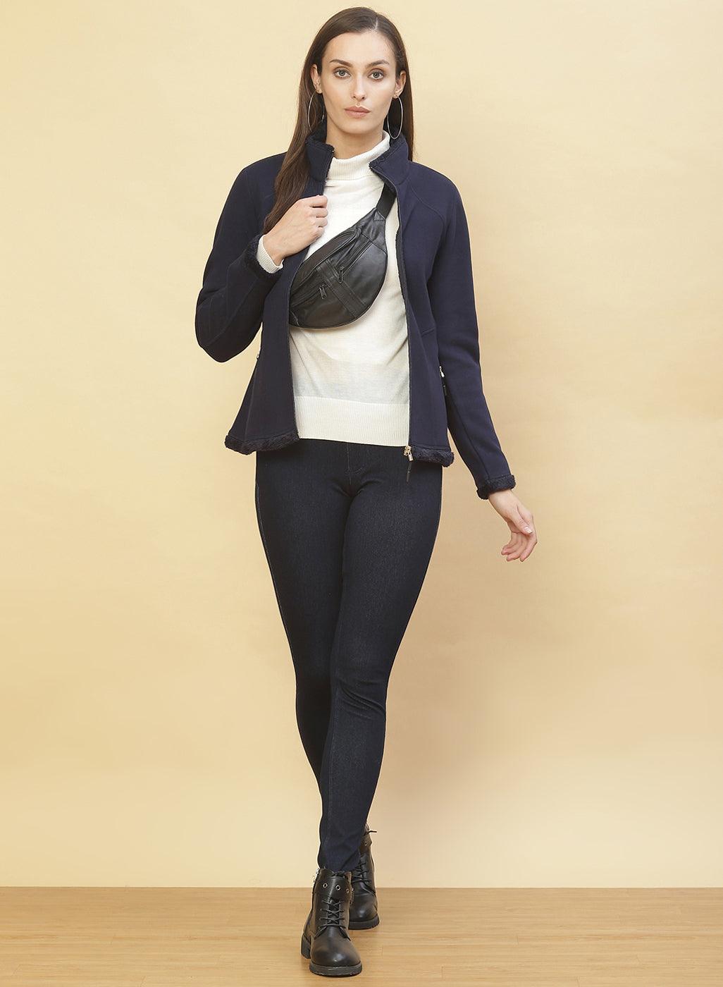 Midnight Blue Fleece Zipper Jacket - Lakshita