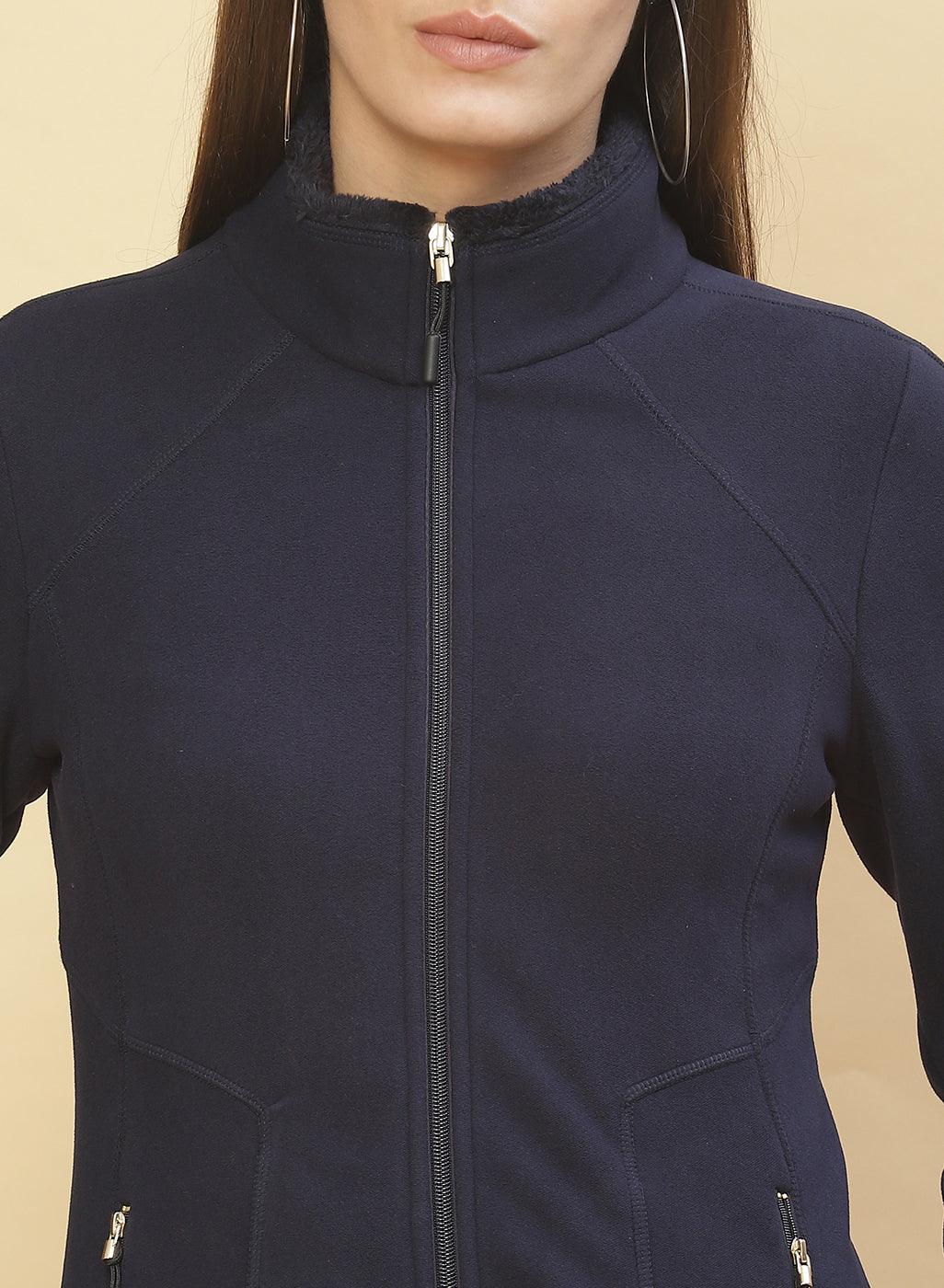 Midnight Blue Fleece Zipper Jacket - Lakshita
