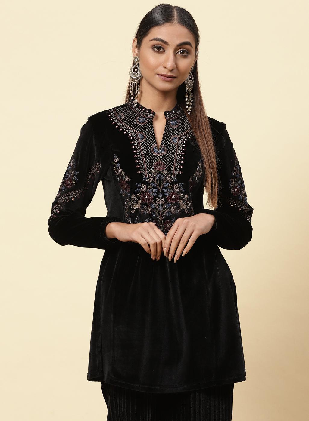 The girl is in charcoal black velvet kurti with gold dori, sequin highlights, mandarin collar, and full sleeves.