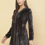 A woman posing in Slate Grey Embroidered Velvet Tunic With Sequins