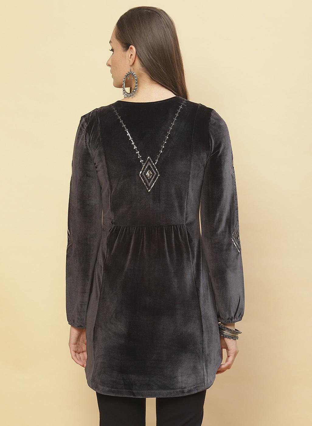 Back view of Slate Grey Embroidered Velvet Tunic With Sequins