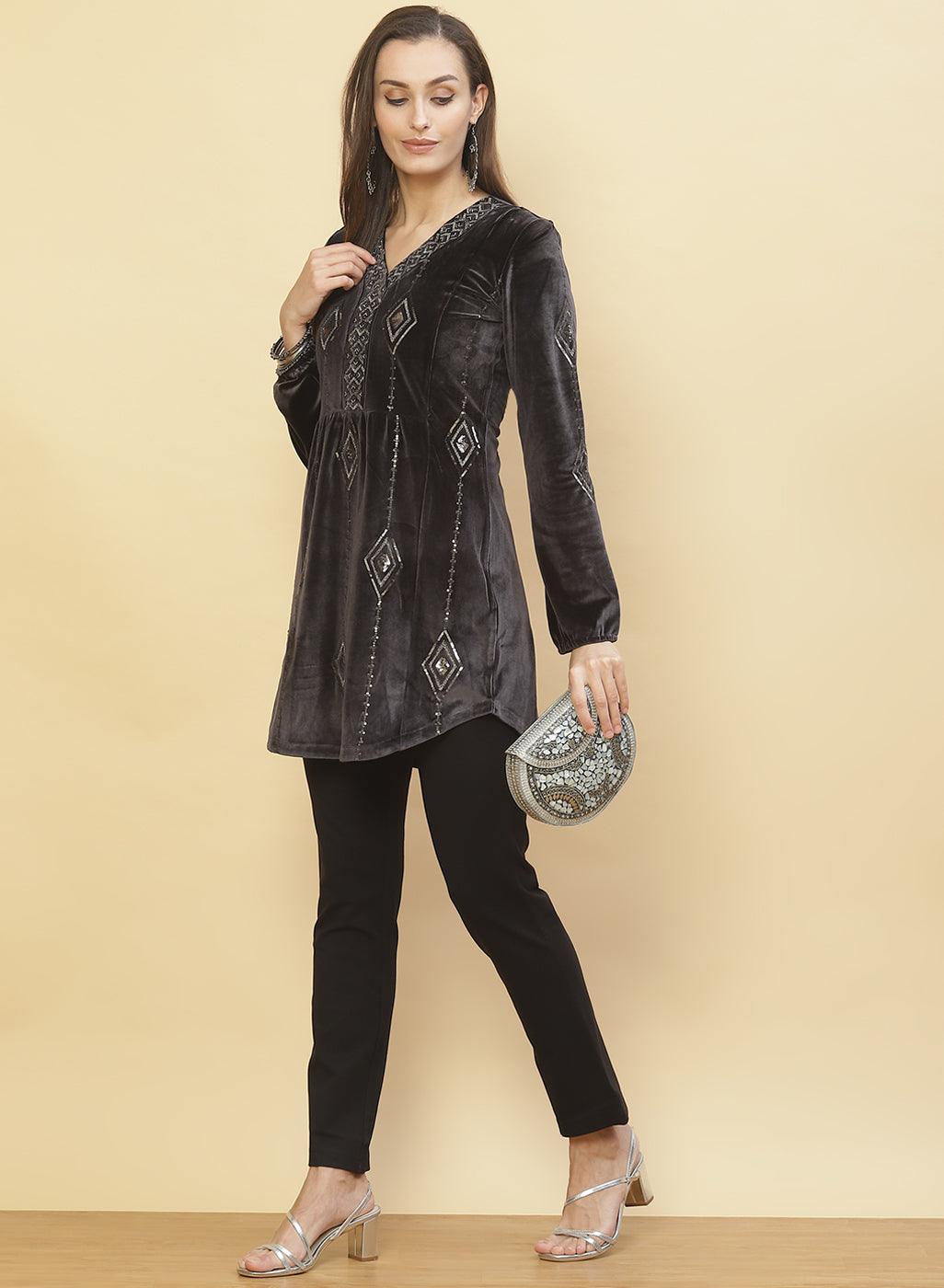 Model wearing Slate Grey Embroidered Velvet Tunic With Sequins paired with black pants
