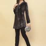 Model wearing Slate Grey Embroidered Velvet Tunic With Sequins paired with black pants