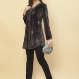 Model wearing Slate Grey Embroidered Velvet Tunic With Sequins paired with black pants