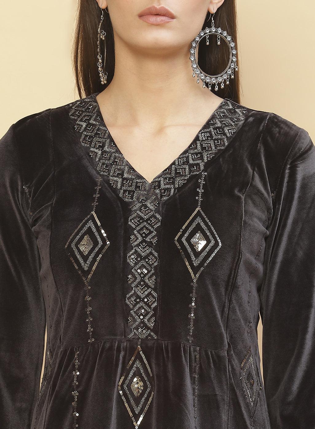 Close view of the neckline and detail work of Slate Grey Embroidered Velvet Tunic With Sequins
