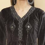 Close view of the neckline and detail work of Slate Grey Embroidered Velvet Tunic With Sequins