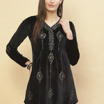 Woman showcasing Charcoal Black Embroidered Velvet Tunic With Sequins