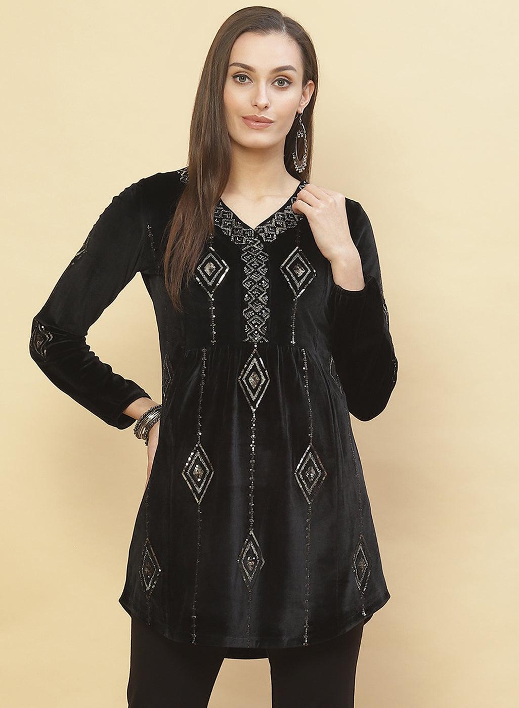 Woman showcasing Charcoal Black Embroidered Velvet Tunic With Sequins