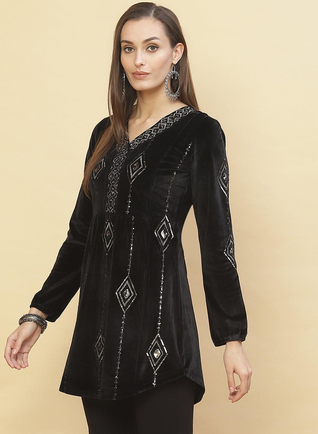 Model featuring Charcoal Black Embroidered Velvet Tunic With Sequins
