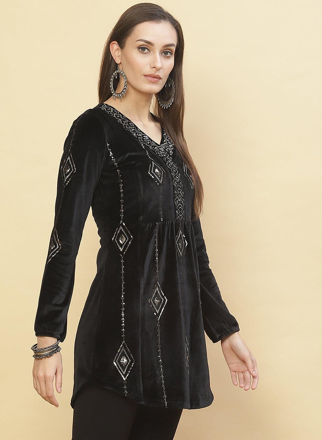 Charcoal Black Embroidered Velvet Tunic With Sequins - Lakshita