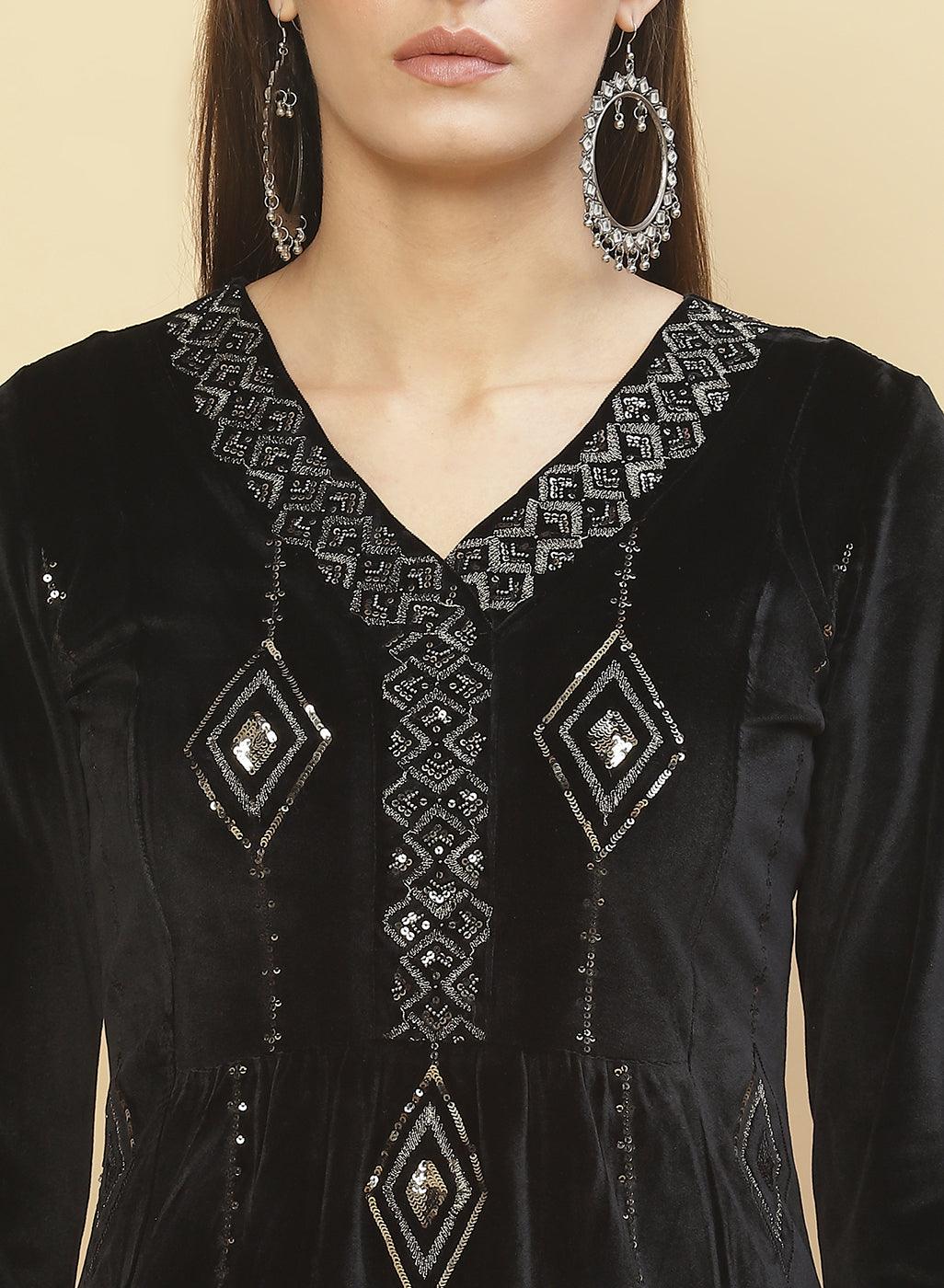 Close up of Charcoal Black Embroidered Velvet Tunic's neckline with Sequins