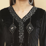 Close up of Charcoal Black Embroidered Velvet Tunic's neckline with Sequins