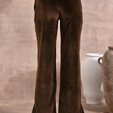 Solid Dark Beige Velvet Palazzo with Zari Detail at Hem - Lakshita