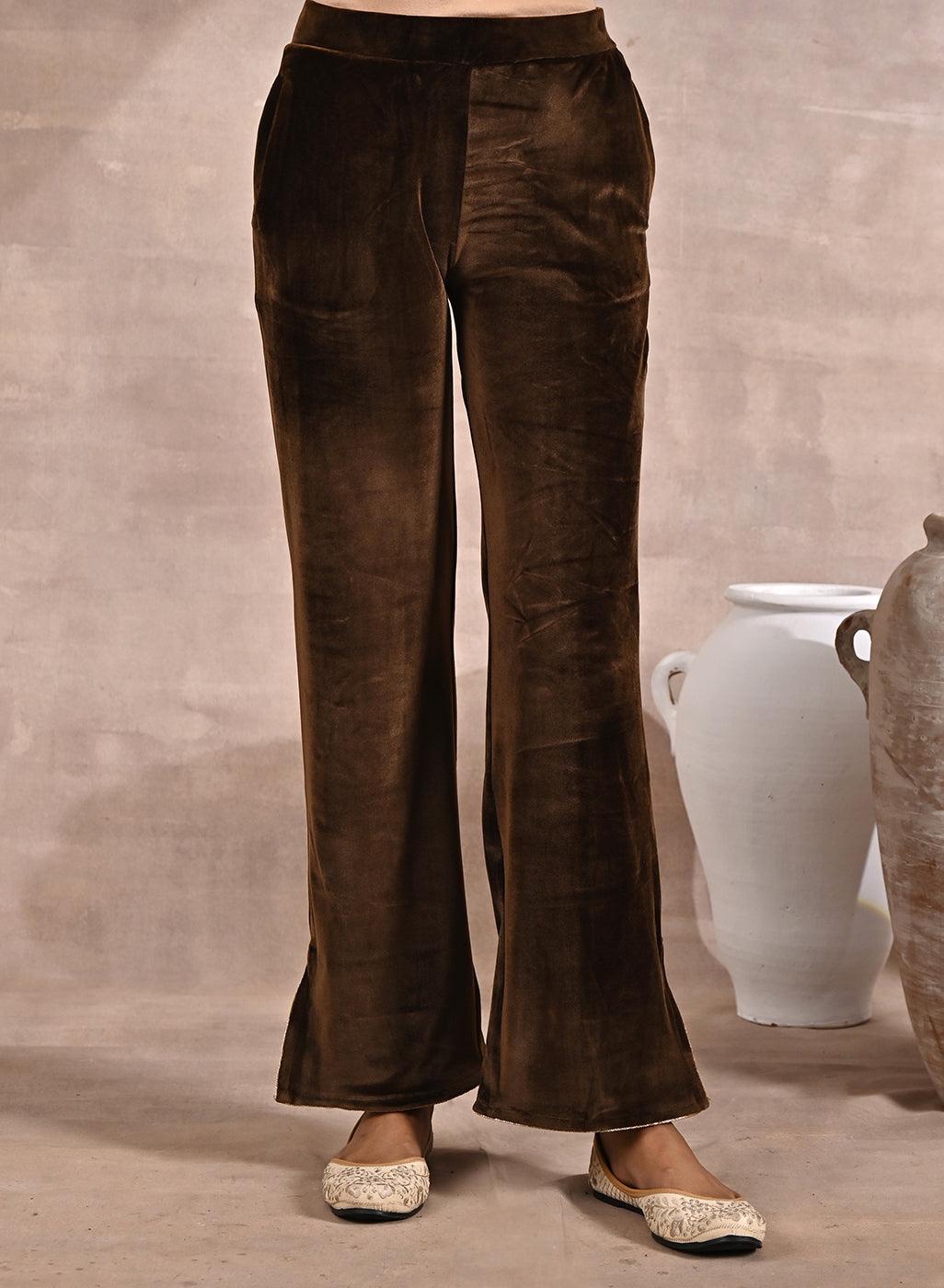 Solid Dark Beige Velvet Palazzo with Zari Detail at Hem - Lakshita