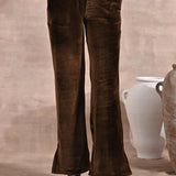 Solid Dark Beige Velvet Palazzo with Zari Detail at Hem - Lakshita