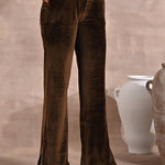 Solid Dark Beige Velvet Palazzo with Zari Detail at Hem - Lakshita