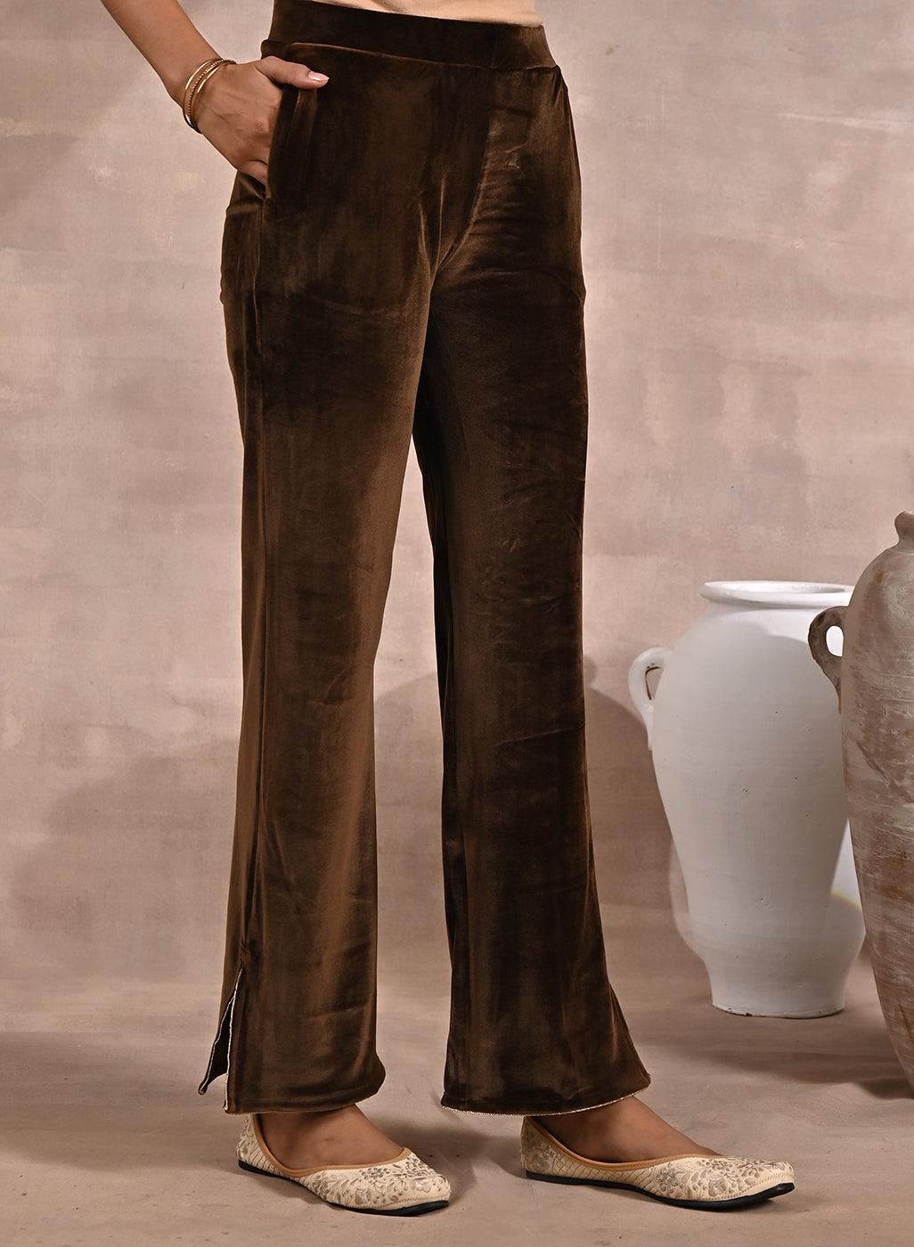 Solid Dark Beige Velvet Palazzo with Zari Detail at Hem - Lakshita
