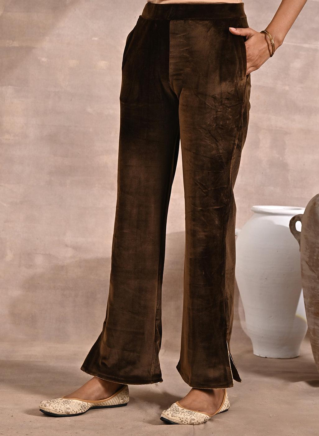 Solid Dark Beige Velvet Palazzo with Zari Detail at Hem - Lakshita