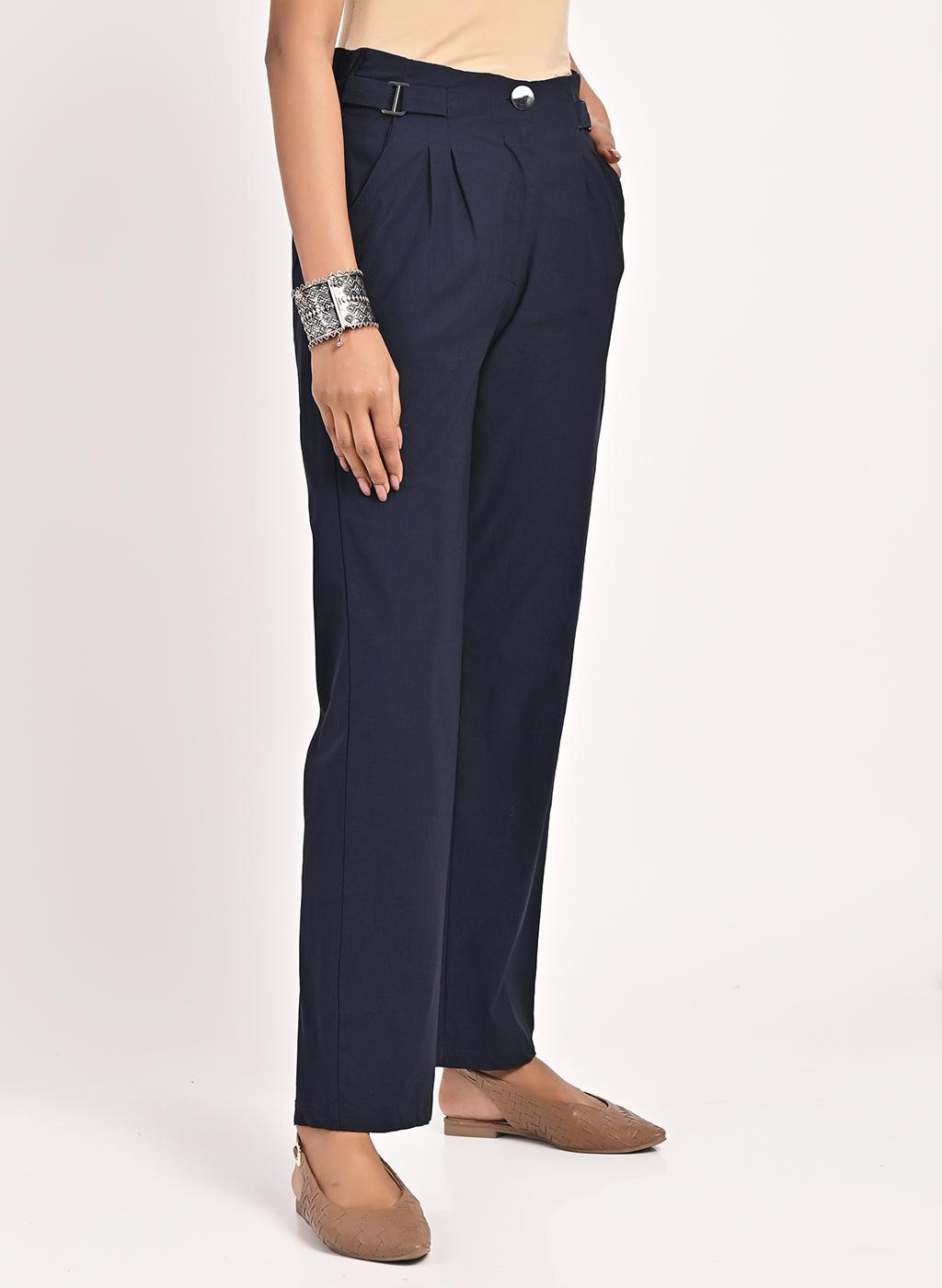 Navy Blue Straight Fir Pant with Decorative Belt Detail - Lakshita