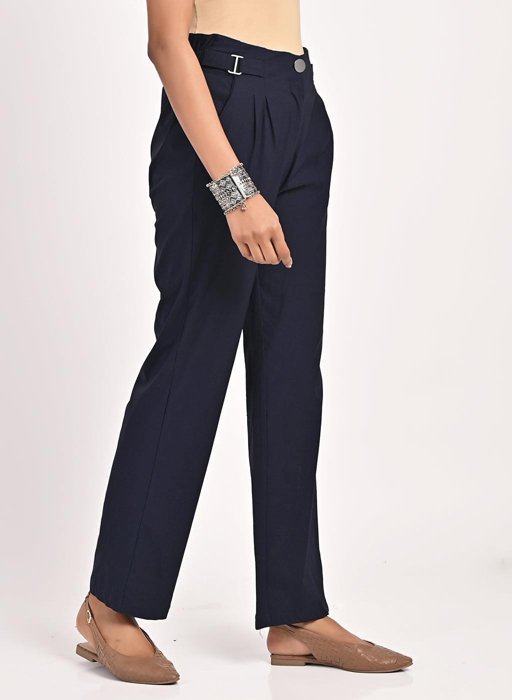 Navy Blue Straight Fir Pant with Decorative Belt Detail - Lakshita