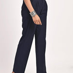 Navy Blue Straight Fir Pant with Decorative Belt Detail - Lakshita