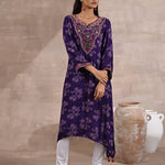 Front View of Purple Floral Print Dhaage Collection Kurta With Embroidery