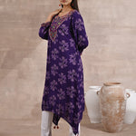 Side View of Purple Floral Print Dhaage Collection Kurta With Embroidery