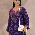 Purple Floral Print Dhaage Collection Kurta With Embroidery With White Handbag