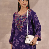 Purple Floral Print Dhaage Collection Kurta With Embroidery With White Handbag