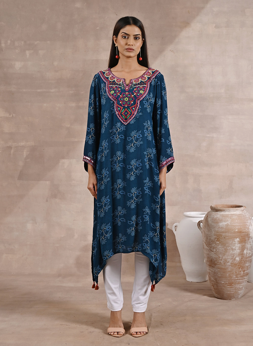 Teal Floral Print Dhaage Collection Kurta With Embroidery With White Palazzo Pants