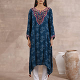 Teal Floral Print Dhaage Collection Kurta With Embroidery With White Palazzo Pants